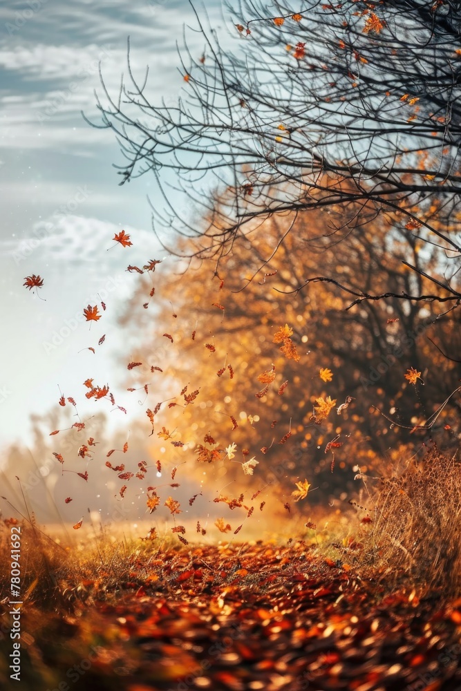 Poster a person standing in a field with leaves flying in the air. suitable for nature and outdoor concepts