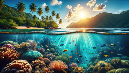 Underwater Coral Reef Above and Below Water View - obrazy, fototapety, plakaty