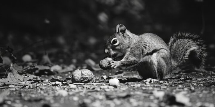 A squirrel captured in black and white while eating a nut. Suitable for nature and wildlife publications