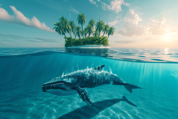 Whale underwater overlooking an island with palm trees and sunset, double view simultaneously underwater and above
 - obrazy, fototapety, plakaty