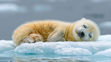   A polar bear naps atop an ice float, mouth agape and eyes shut
