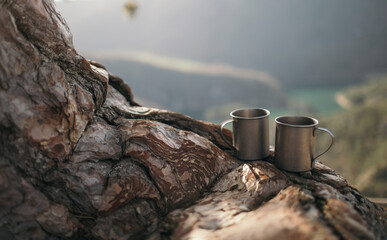 Two camping mugs on the wood, copy space