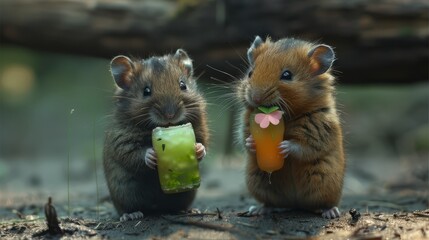   Two mice, one brown and one white, consume food and beverages One holds a green container, drinking, while the other gnaws on a broccoli floret
