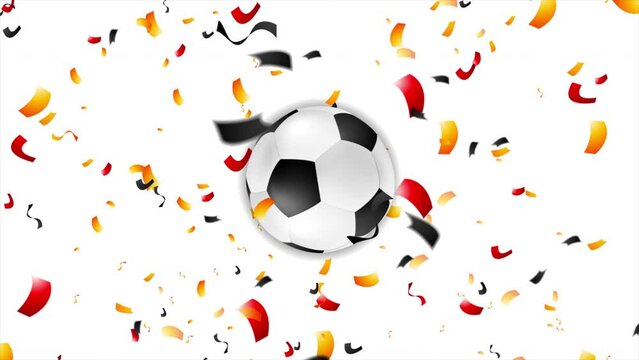 Confetti in German colors and soccer ball, sport football background. Seamless looping motion design. Video animation Ultra HD 4K 3840x2160