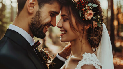 A bride and groom standing in a wooded area, looking at each other with smiles on their faces