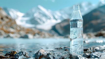 Bottle and glass of pouring crystal water against blurred nature snow mountain landscape...