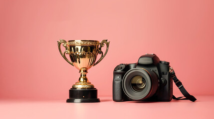 appareil photo reflex à côté d'un trophée en or pour un concours photo - fond rose - obrazy, fototapety, plakaty