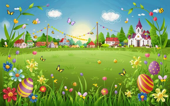 Whimsical Rabbits and Colorful Eggs in a Fairy Tale Field
