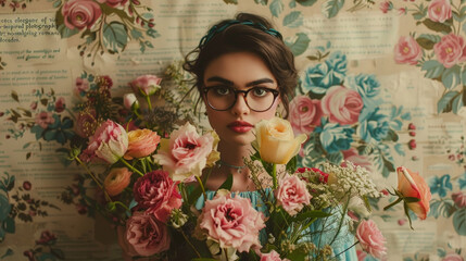 Charming woman wearing glasses is holding a colorful bouquet of flowers - Powered by Adobe