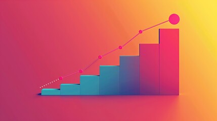 Rising Progress: Blue Bar and Pink Chart with Progress Line on Pink and Yellow Gradient Background, Resource for Money, Business Success, and Data