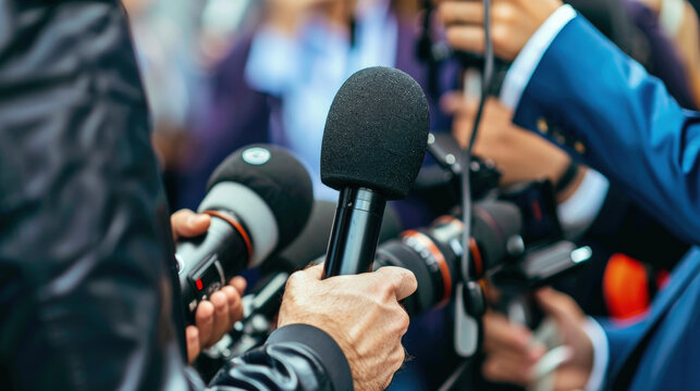 Media personnel thrust microphones forward to capture statements at a bustling press conference
