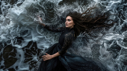 Fototapeta premium A woman wearing a black dress is standing in the water