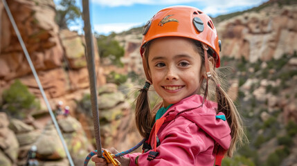 A young girl wearing an orange helmet holding onto a rope