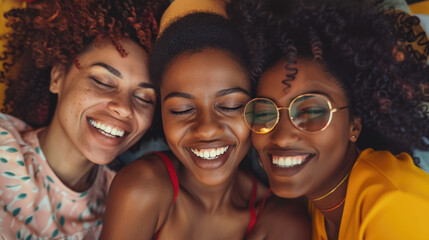 Fototapeta premium Three African American women share a genuine moment of friendship and laughter, huddled together indoors, radiating happiness and togetherness