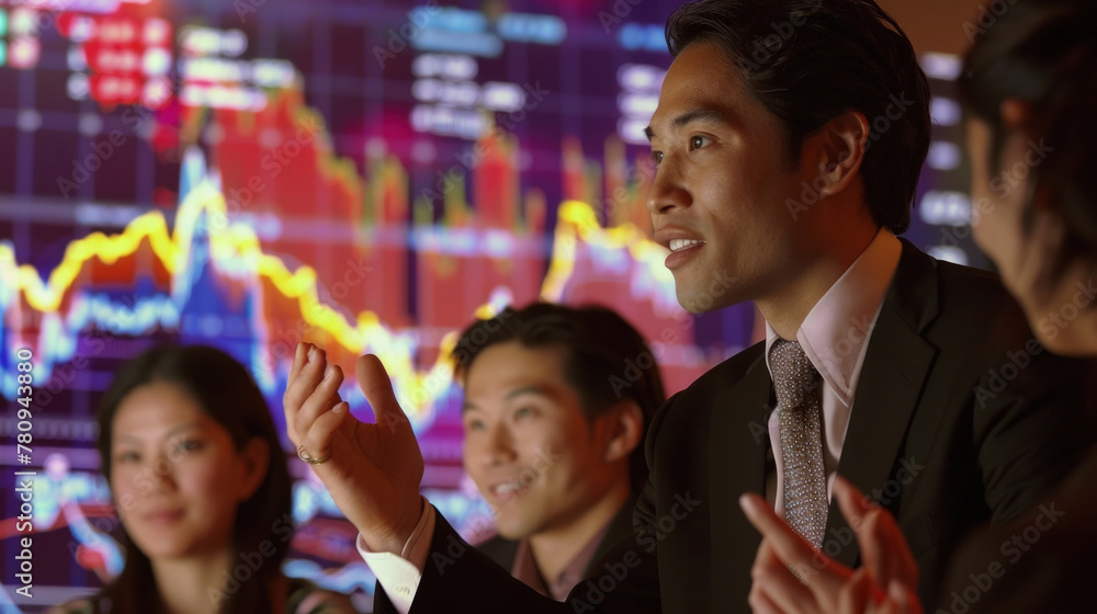Poster diverse group of individuals is standing in front of a stock chart, discussing and analyzing market 