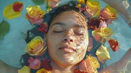 Charming woman laying in a pool of water, surrounded by a variety of colorful flowers, creating a peaceful and serene atmosphere