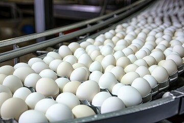 Eggs on a conveyor belt in a chicken farm