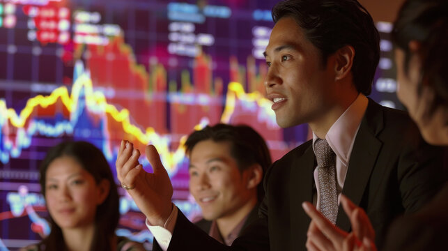 Diverse group of individuals is standing in front of a stock chart, discussing and analyzing market trends and data