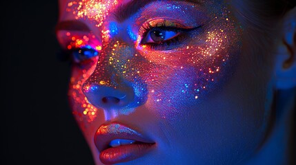Isolated on black background, fashion model woman in neon light, portrait of beautiful model with fluorescent make-up.