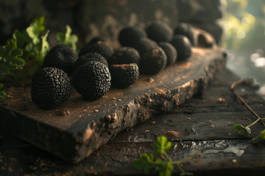 Black truffles on board close up, rustic background with black truffles, luxury food
