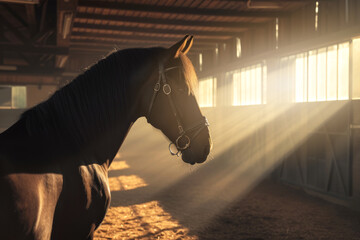 Horse in the stable with beautiful sunlight from the window with space for text or inscriptions
