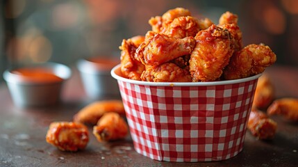 A bucket of crispy fried chicken on a brown background is depicted with fried chicken wings and legs.