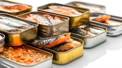 canned sardine cans stacked in a pile, with an open isolated on white background - obrazy, fototapety, plakaty