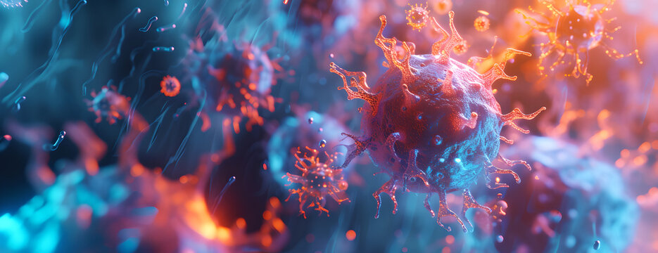 A microscopic image of a virus with cells in the body, medical field, scientific image, science fiction, microbes, treatment , 3d render 