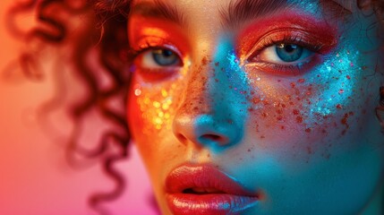 Fashion model woman in colorful bright lights posing, portrait of a beautiful girl with trendy make-up. Art design, bright make-up. Against a vivid colourful background.