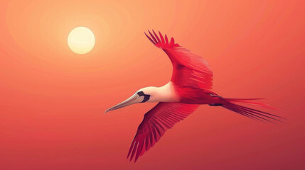 Digital artwork of a scarlet ibis soaring gracefully in a warm, orange sky, symbolizing freedom. - obrazy, fototapety, plakaty