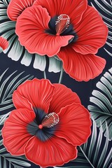 Vibrant digital artwork of red poppies with detailed green leaves, exemplifying botanical art and floral design. Perfect for creative and decorative use