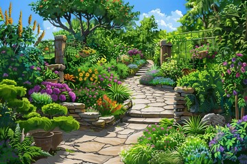 Colorful and detailed illustration of a vibrant garden walkway, excellent for horticultural and landscape design content.