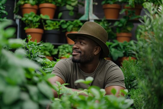A joyful man in a hat surrounded by lush potted plants, showcasing urban gardening and leisure. Ideal for content about sustainable living and hobby gardening