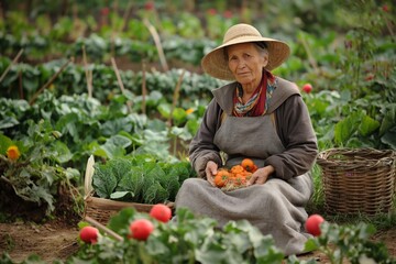 A senior woman, garbed in earthy clothes and a straw hat, sits amidst a verdant vegetable garden, cradling a harvest of fresh carrots. Ideal for organic farming and sustainable lifestyle themes.