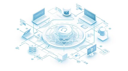 icons of different workstations in a circle, blue and white