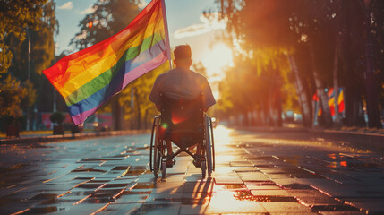 Dsabled gay person in wheelchair with rainbow flag on street parade during pride month celebration LGBTQ+ rights party summer festival. Inclusion & diversity. Autumn trees, golden hour sun. Rear view. - Powered by Adobe