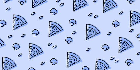 Pizza backdrop. Line pizza pattern on blue background. Vector illustration EPS 10