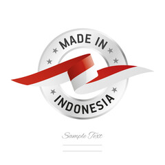 Made in Indonesia. Indonesia flag ribbon with circle silver ring seal stamp icon. Indonesia sign label vector isolated on white background