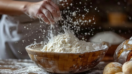 A chef's hand using a sieve to sprinkle powdered sugar on a dessert - Powered by Adobe
