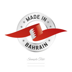 Made in Bahrain. Bahrain flag ribbon with circle silver ring seal stamp icon. Bahrain sign label vector isolated on white background