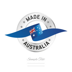 Made in Australia. Australia flag ribbon with circle silver ring seal stamp icon. Australia sign label vector isolated on white background