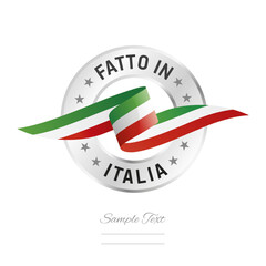Made in Italy in Italian language. Italy flag ribbon with circle silver ring seal stamp icon. Italy sign label vector isolated on white background