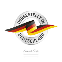 Made in Germany in German language. Germany flag ribbon with circle silver ring seal stamp icon. Germany sign label vector isolated on white background