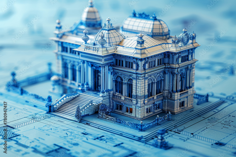 Poster a detailed architectural blueprint with complex designs and structural elements, requiring skilled c