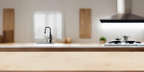 Fototapeta na wymiar Kitchen Background Top Counter Wood Interior with Open Light Blur Background
