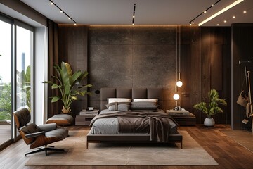 3D rendering unveils a luxurious bedroom interior with dark-toned bedding, a modern style stone and...