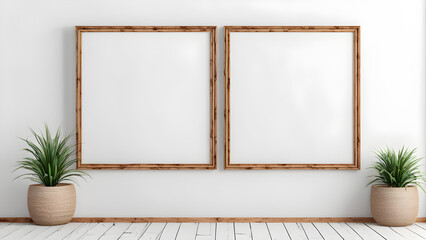 two wooden frame on white wall frame mockup 3d render