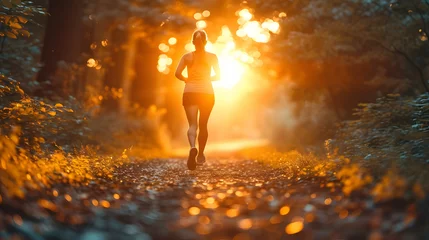 Fotobehang A close-up photograph of a person jogging at sunrise, capturing the determination and vitality. © chloecor