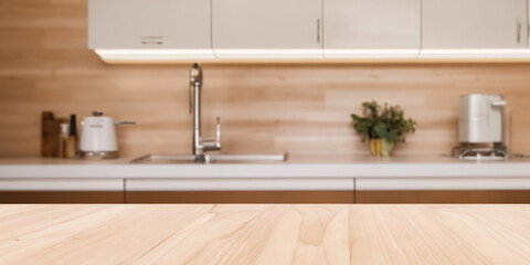 Fototapeta na wymiar Kitchen Background Top Counter Wood Interior with Open Light Blur Background