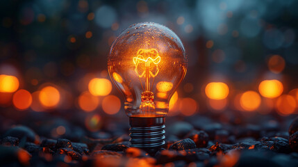A light bulb is lit up in a dark background